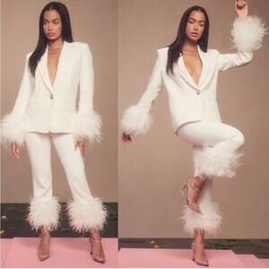 House of CB White Feather Trim Cropped Pantsuit